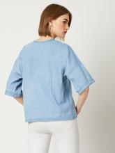 Miss Chase Light blue Cotton Boxy For Women I'm sinking under Denim Top