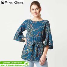 Miss Chase Multicolour Crepe Ruffle For Women Bare Blossoms Knot Top