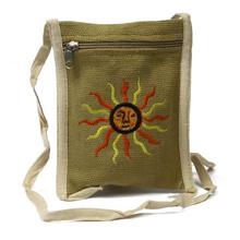 Khaki Green Hemp Sun Embroidered Sling Bag For Women