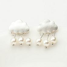 Silver Toned Faux Pearl Danglers Cloud Water Designed Earrings For Women