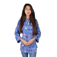 Blue Floral Printed Mandarin Neck Tunic For Women