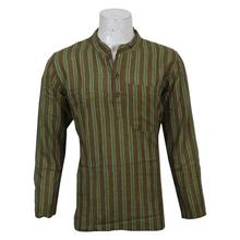 Green/Brown Stripe Cotton Kurta Shirt For Men - MKR5001