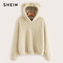 SHEIN Preppy Lovely With Bears Ears Solid Teddy Hoodie