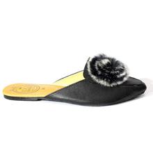 Black Fur Patched Slide Sandals For Women