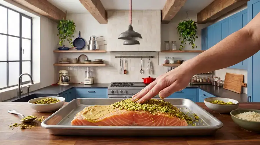 Recipe section image for Zalm met een krokant korstje van pistache en mosterd