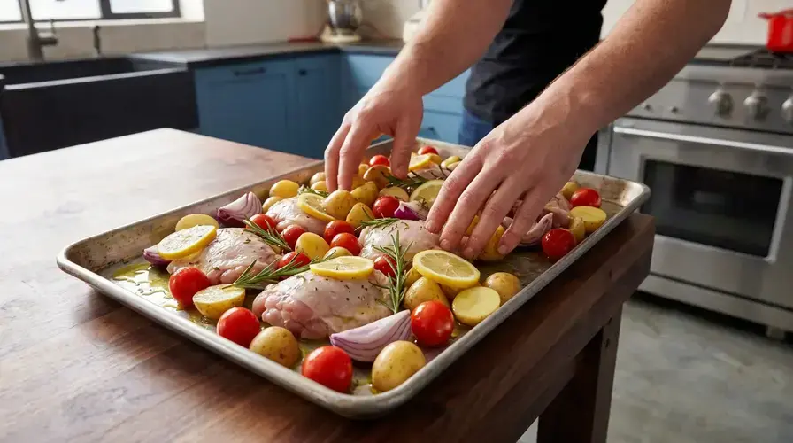 Recipe section image for Krokante traybake met kip, rozemarijn en verse citroen