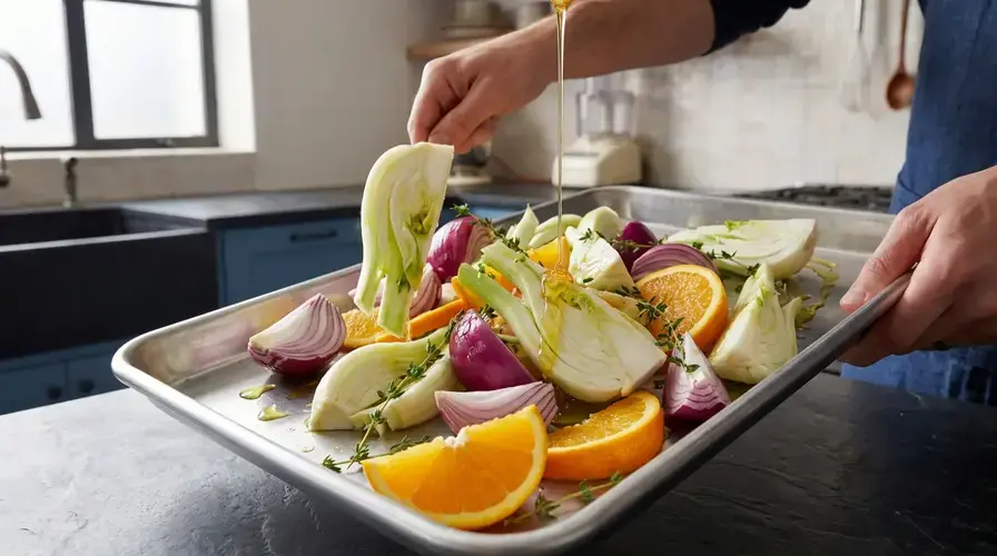 Recipe section image for Traybake met venkel, rode ui en sinaasappel