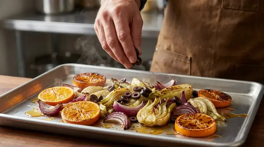 Recipe section image for Traybake met venkel, rode ui en sinaasappel