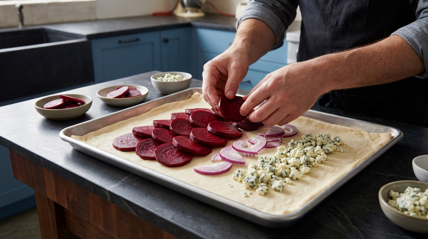 Recipe section image for Snelle plaattaart met rode biet, blauwe kaas en walnoten