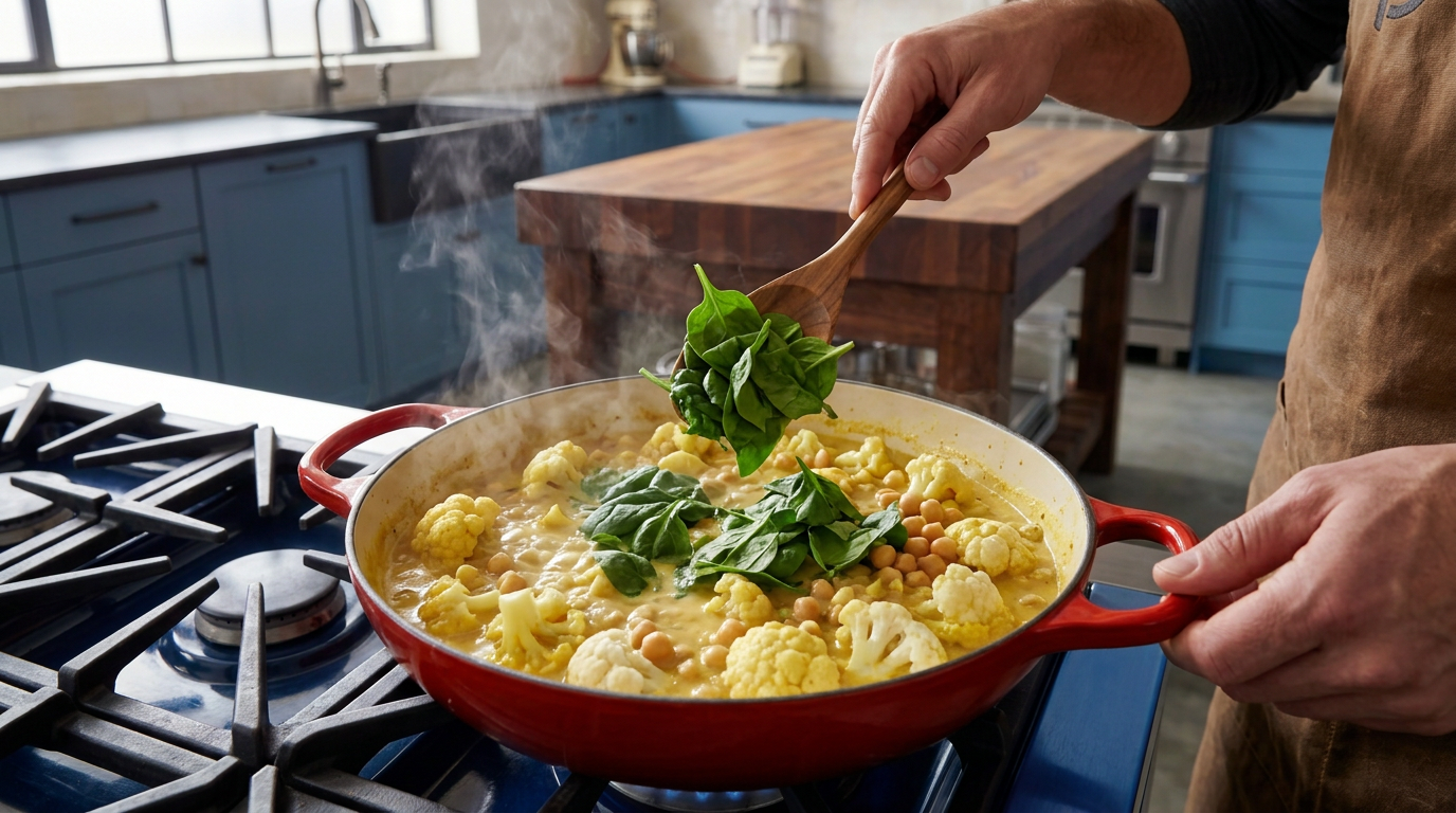 Recipe section image for Romige bloemkoolcurry met amandelen en kikkererwten