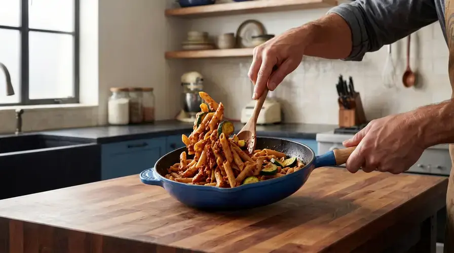 Recipe section image for Volkoren pasta bowl met pesto rosso en verse groenten