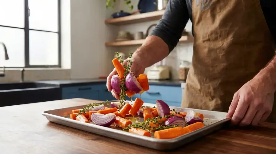 Recipe section image for Geroosterde traybake van wortel, rode ui en verse tijm