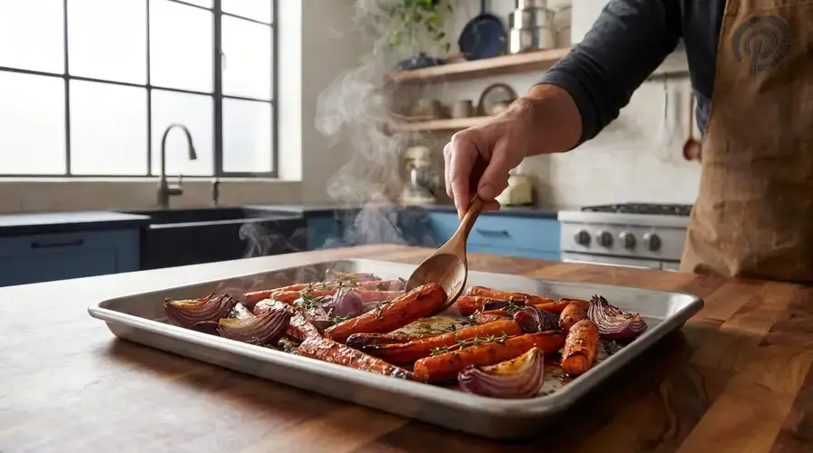 Recipe section image for Geroosterde traybake van wortel, rode ui en verse tijm