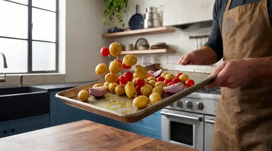 Recipe section image for Makkelijke traybake met kabeljauw, krieltjes en cherrytomaten