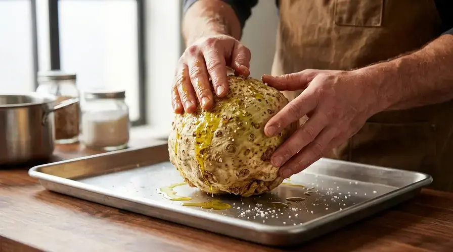 Recipe section image for Gepofte knolselderij uit de oven met frisse kruidenolie