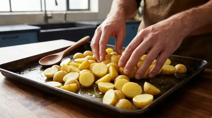 Recipe section image for Makkelijke traybake met zalm, groene asperges en krieltjes