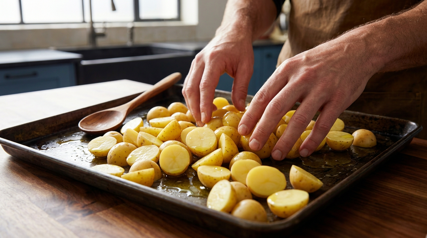Recipe section image for Makkelijke traybake met zalm, groene asperges en krieltjes