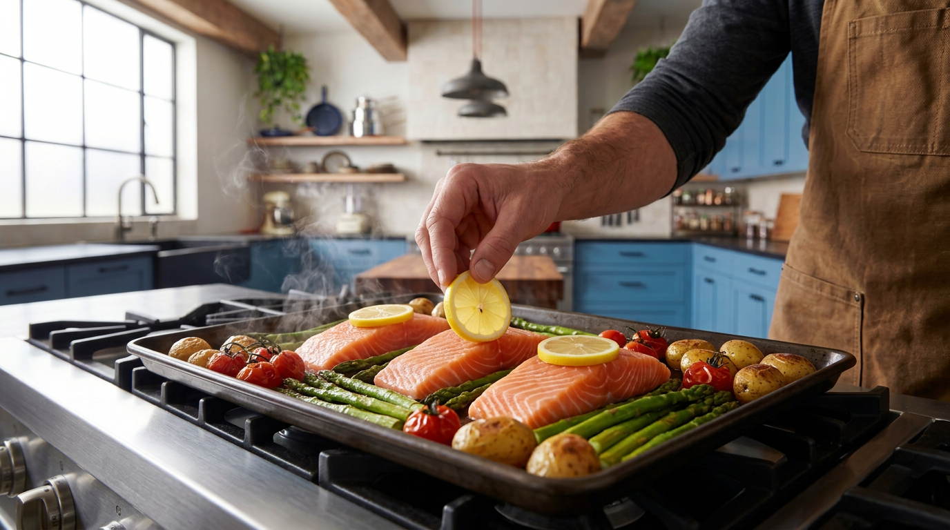 Recipe section image for Makkelijke traybake met zalm, groene asperges en krieltjes