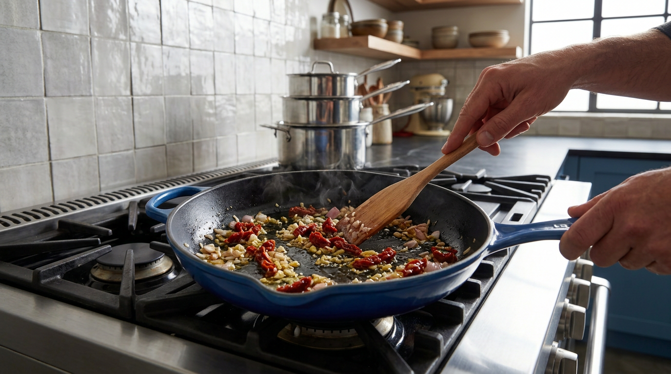 Recipe section image for Pasta met romige saus van zongedroogde tomaat
