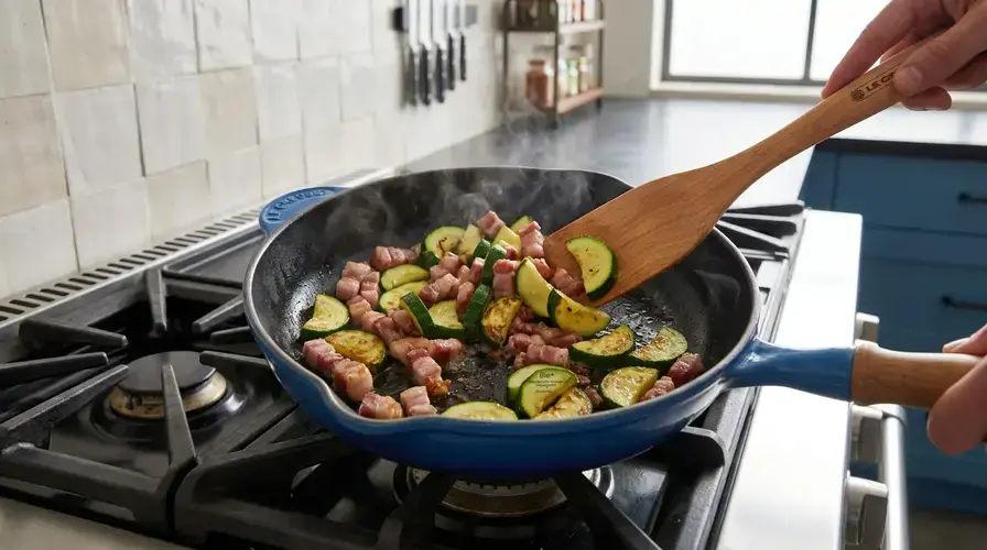 Recipe section image for Romige pasta carbonara met courgette