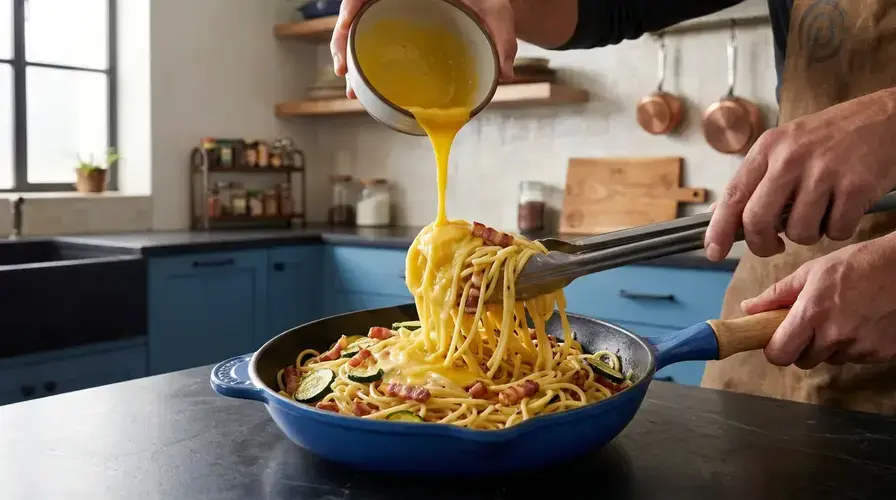 Recipe section image for Romige pasta carbonara met courgette