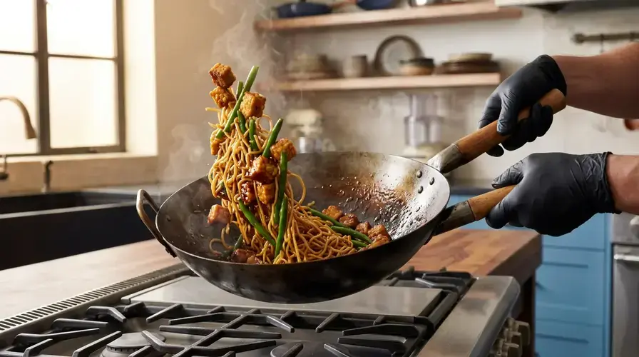 Recipe section image for Snelle Aziatische roerbak met krokante tempeh, sperziebonen en noedels