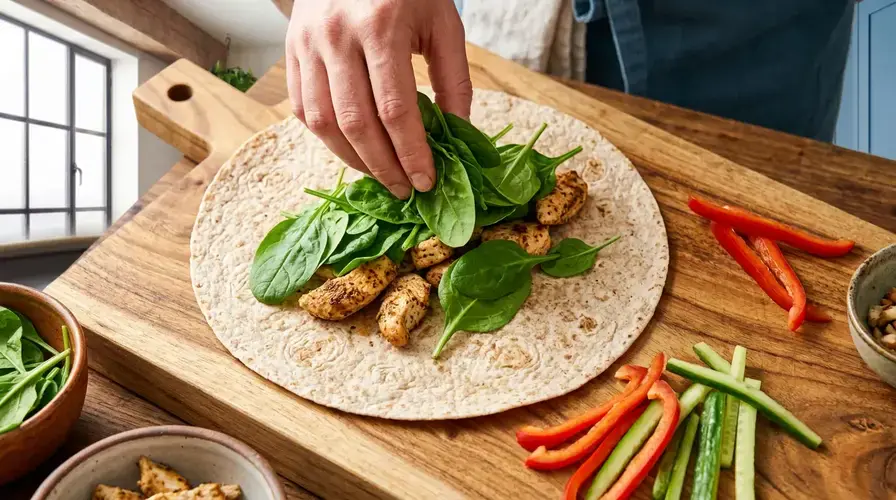 Recipe section image for Snelle wraps met gegrilde kip en verse spinazie