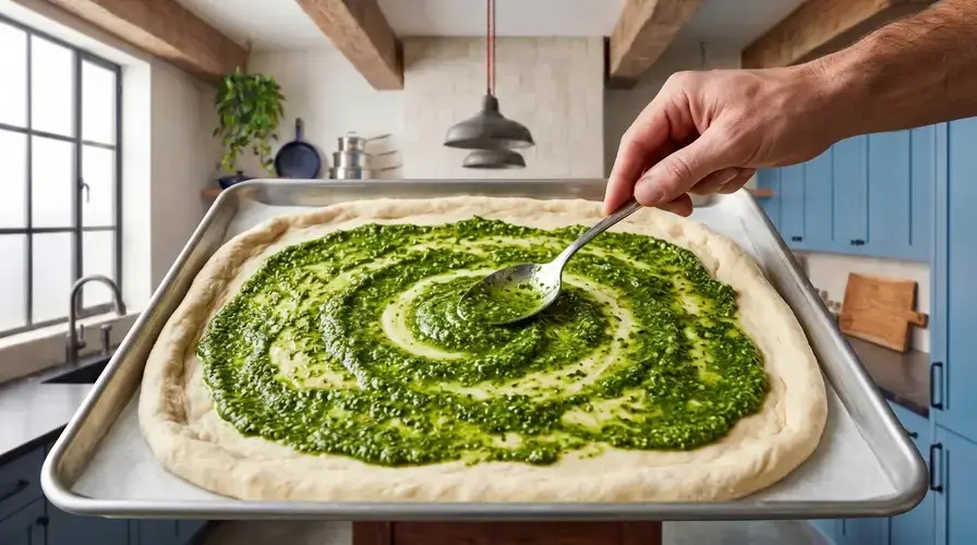Recipe section image for Makkelijke Plaatpizza met Pesto, Cherrytomaatjes en Mozzarella