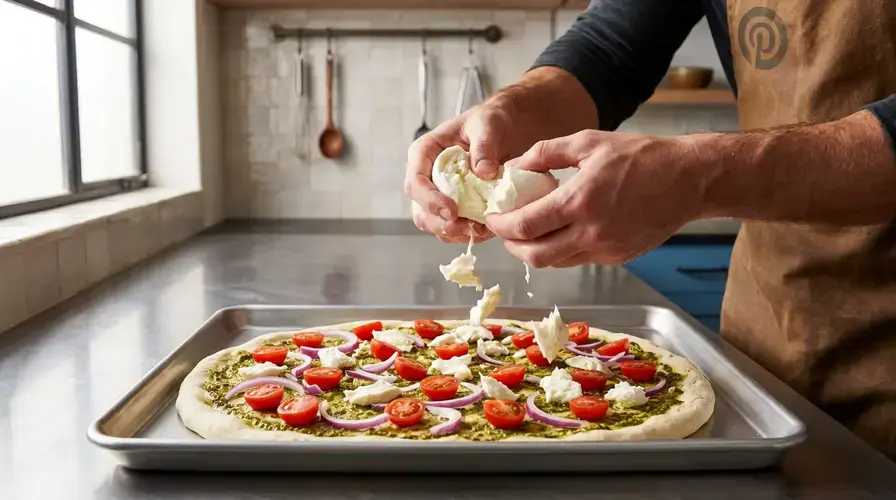 Recipe section image for Makkelijke Plaatpizza met Pesto, Cherrytomaatjes en Mozzarella