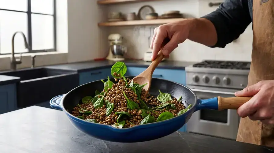 Recipe section image for Kleurrijke lunchbowl met linzen, spinazie en ei