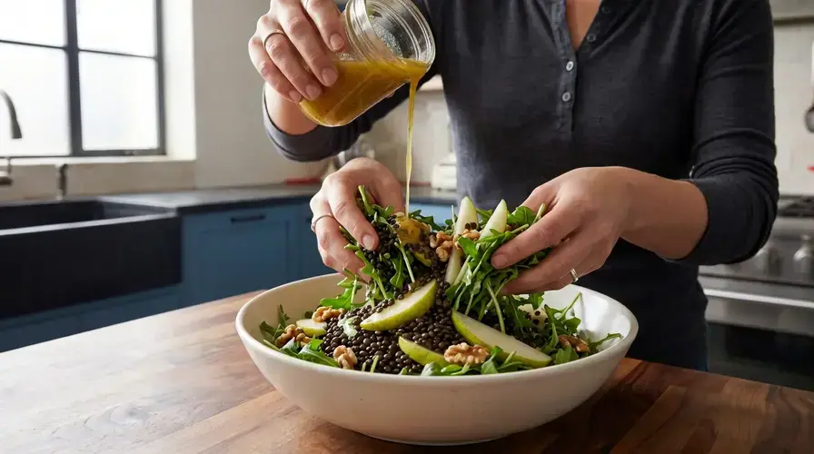 Recipe section image for Salade van zwarte linzen met geitenkaas en peer