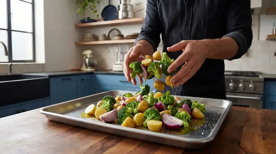 Recipe section image for Makkelijke traybake met broccoli en amandelschaafsel