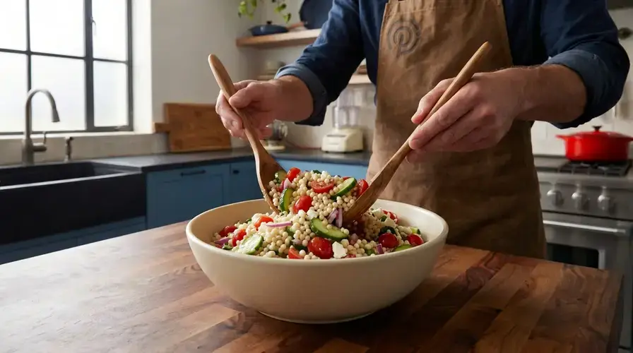Recipe section image for Kleurrijke bowl met parelcouscous, tomaat en feta