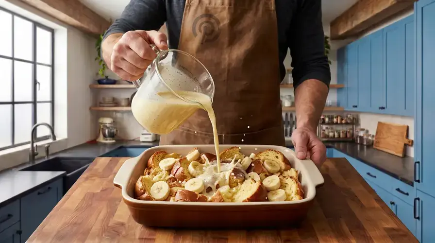 Recipe section image for Ouderwetse broodpudding met chocolade en banaan