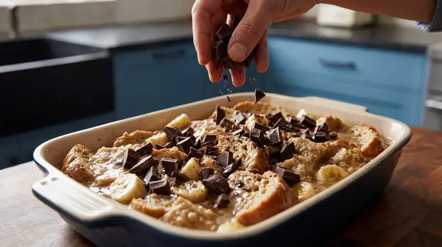 Recipe section image for Ouderwetse broodpudding met chocolade en banaan