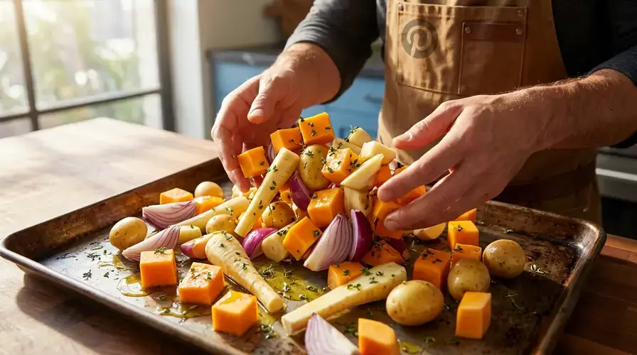 Recipe section image for Traybake van herfstgroenten met verse kruidenolie