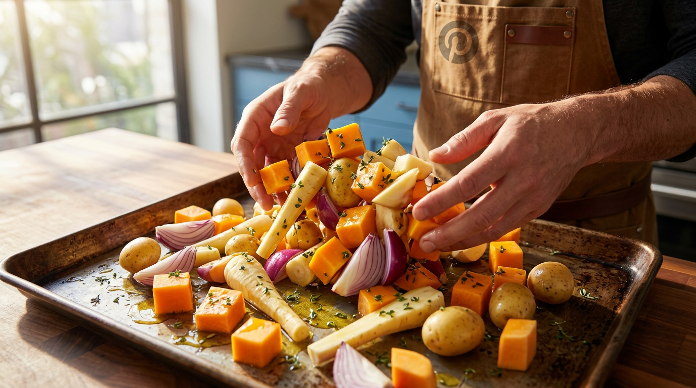 Recipe section image for Traybake van herfstgroenten met verse kruidenolie