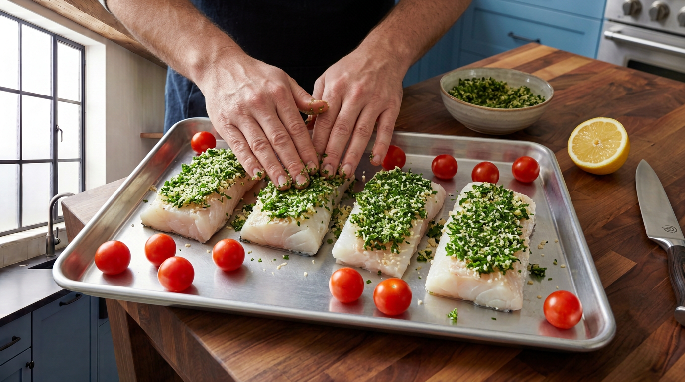 Recipe section image for Krokante vis uit de oven met een verse peterseliekorst