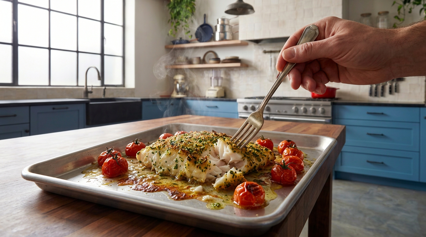 Recipe section image for Krokante vis uit de oven met een verse peterseliekorst