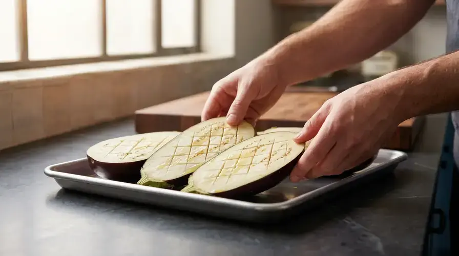 Recipe section image for Gegrilde aubergine met miso en bosui