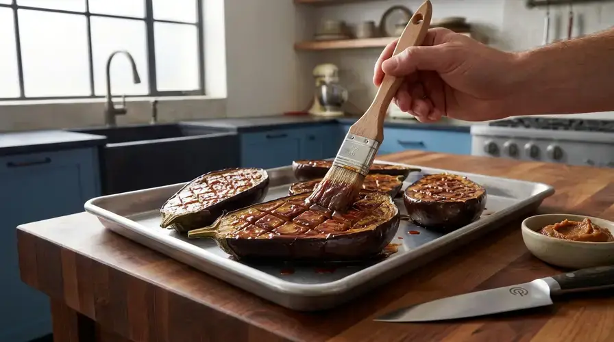 Recipe section image for Gegrilde aubergine met miso en bosui