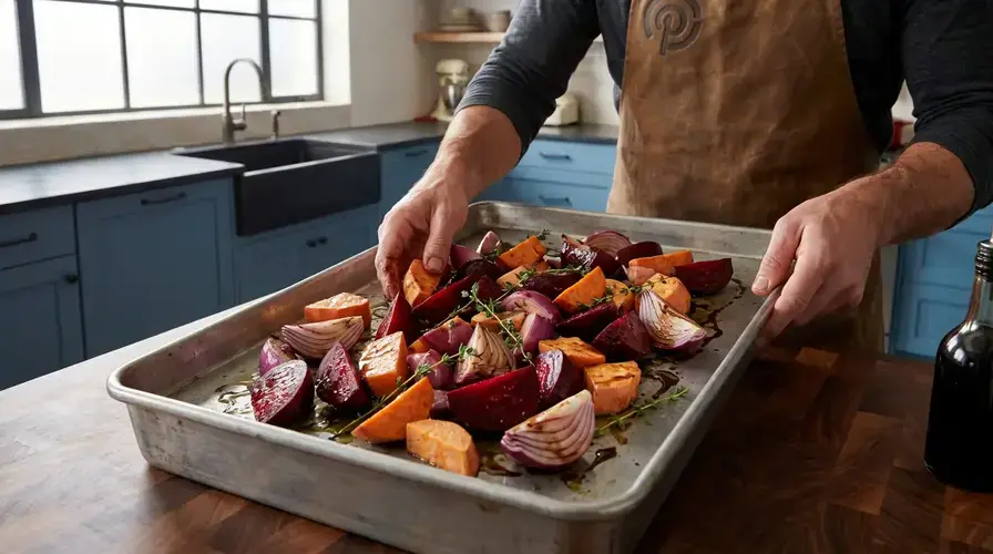 Recipe section image for Makkelijke Traybake met Rode Biet, Zoete Aardappel en Feta