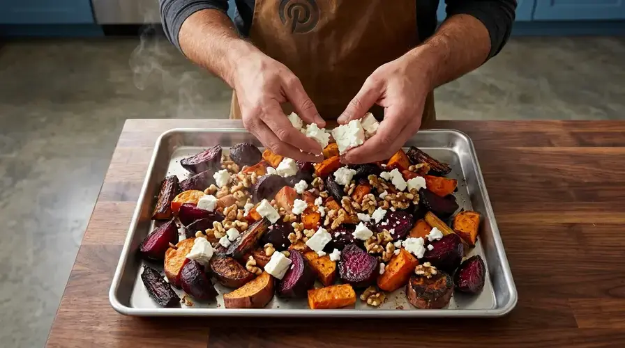 Recipe section image for Makkelijke Traybake met Rode Biet, Zoete Aardappel en Feta