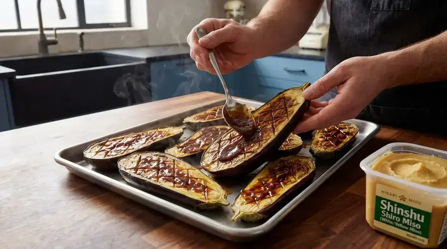 Recipe section image for Gegrilde aubergine met miso en sesam uit de oven