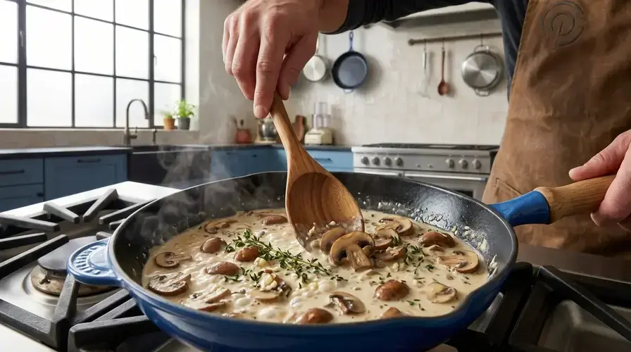 Recipe section image for Knolselderijsteaks met romige champignonsaus en verse tijm