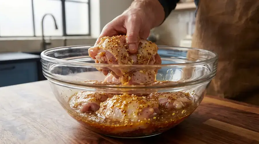 Recipe section image for Kipdijfilet uit de pan met een kleverige honing-mosterdmarinade