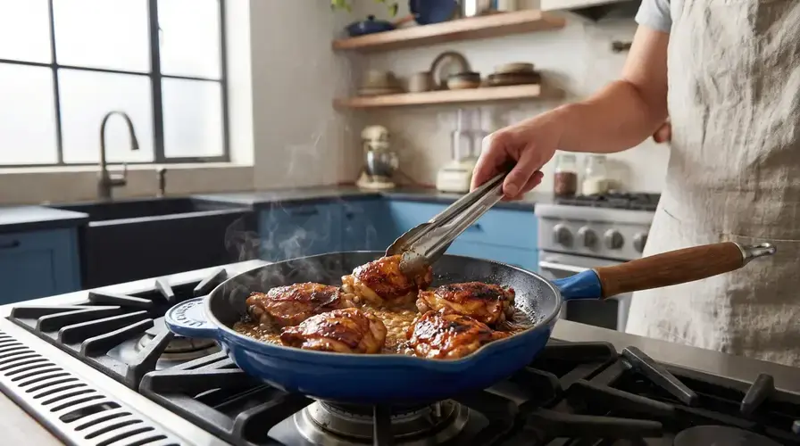 Recipe section image for Kipdijfilet uit de pan met een kleverige honing-mosterdmarinade