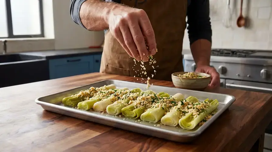 Recipe section image for Prei uit de oven met een krokante Parmezaanse gratin