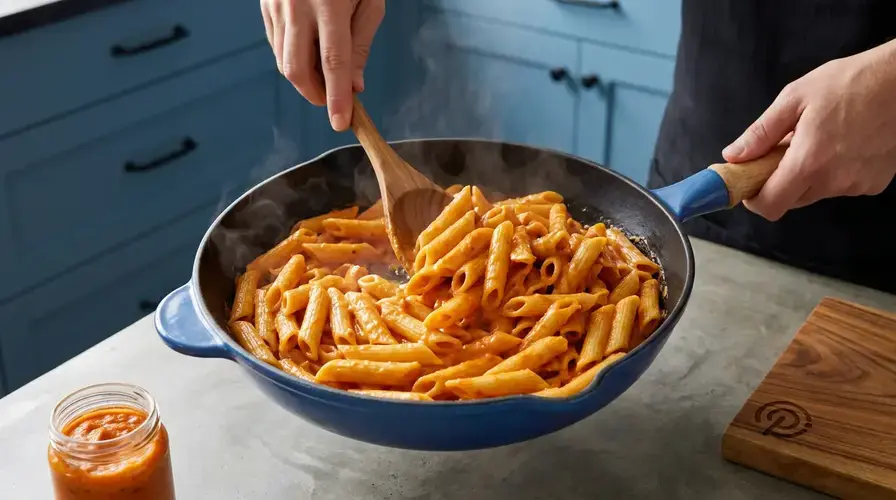 Recipe section image for Romige pasta met geroosterde paprika en feta