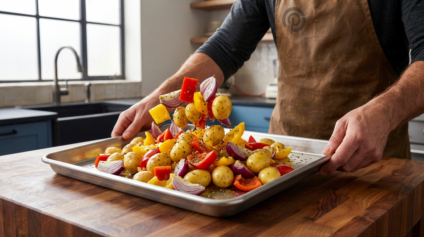 Recipe section image for Kleurrijke traybake met merguez en geroosterde paprika